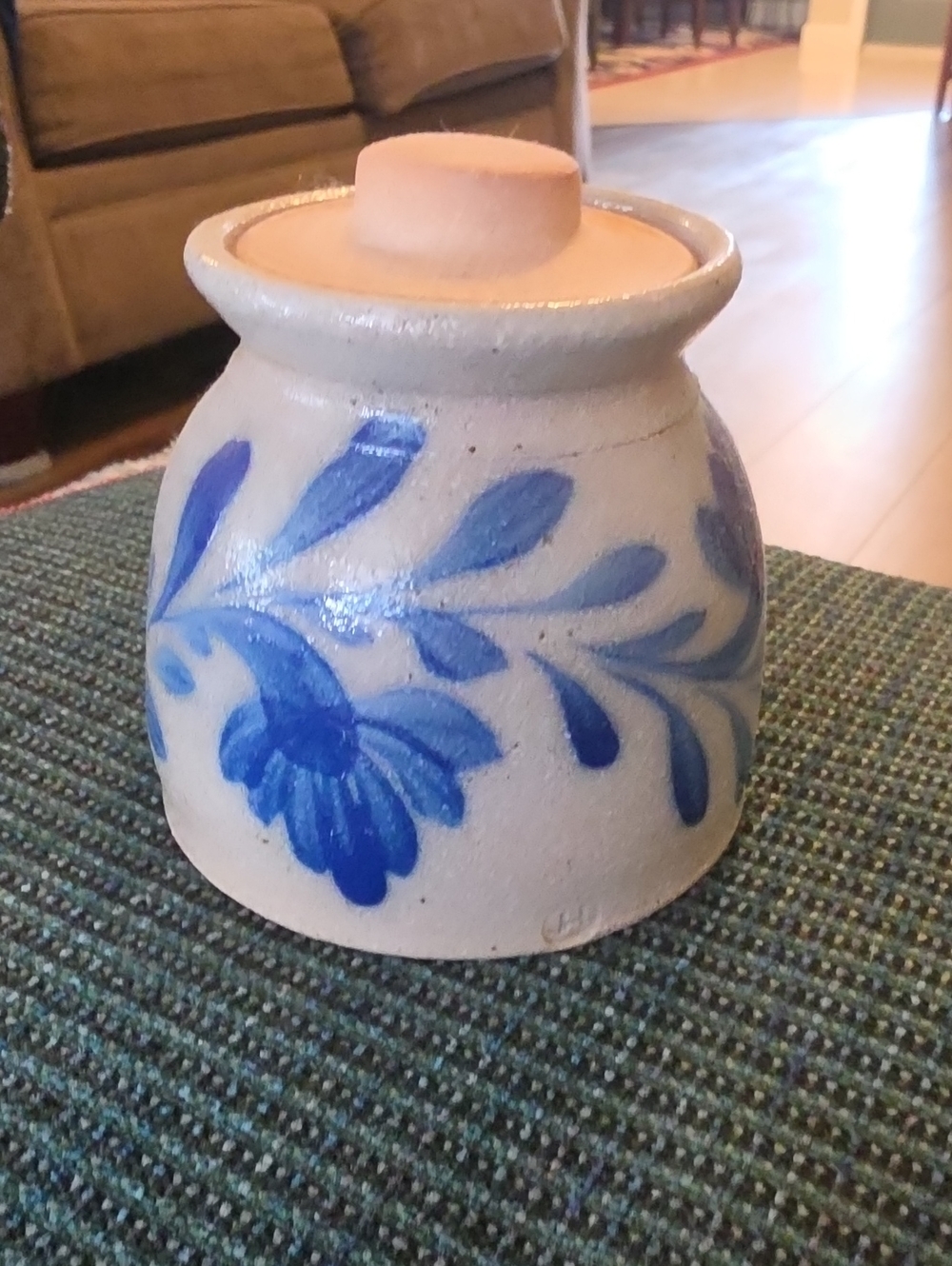 Hand-Painted Blue Floral Stoneware Jar - Unbranded